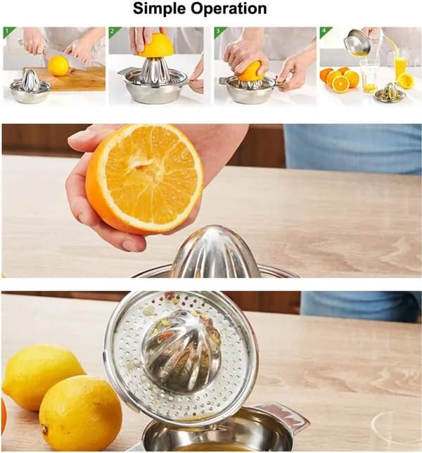 Manuel citruspresser i rustfrit stål til appelsin og citron med opsamlingsskål til køkkenet