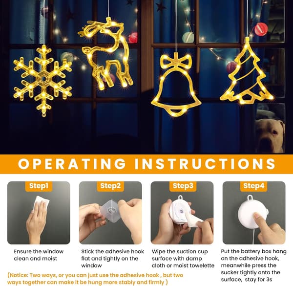 Julbelysning för inomhusfönster, 2-pack, 10 lysdioder, varmvit, batteridriven, timer (snöflinga och älg) Pack of 2