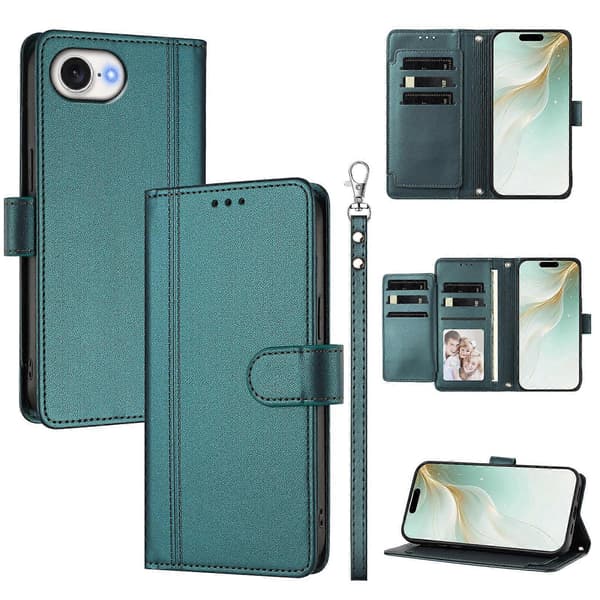 Plånboksfodral kompatibelt med iPhone 16e / 17e, 9 kortplatser, PU-läder, vikbart stativ, 16 cm rem Compatible For iPhone