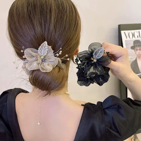 4 stk. Blomsterblad Elastiske Hårbånd Krystal Hestehaleholdere Rhinestone Scrunchies 4 pcs