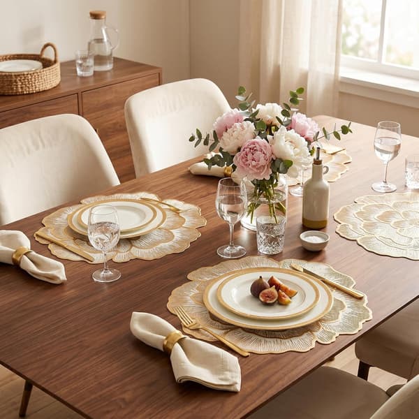 Sæt med 6 guldfarvede blomster PVC runde dækkeservietter, 38 cm 6 pcs
