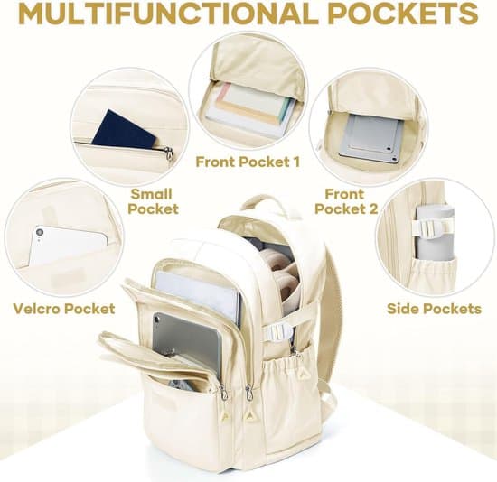 Beige Skolerygsæk, 25L, 14-tommer Bærbar, Multi-Lomme