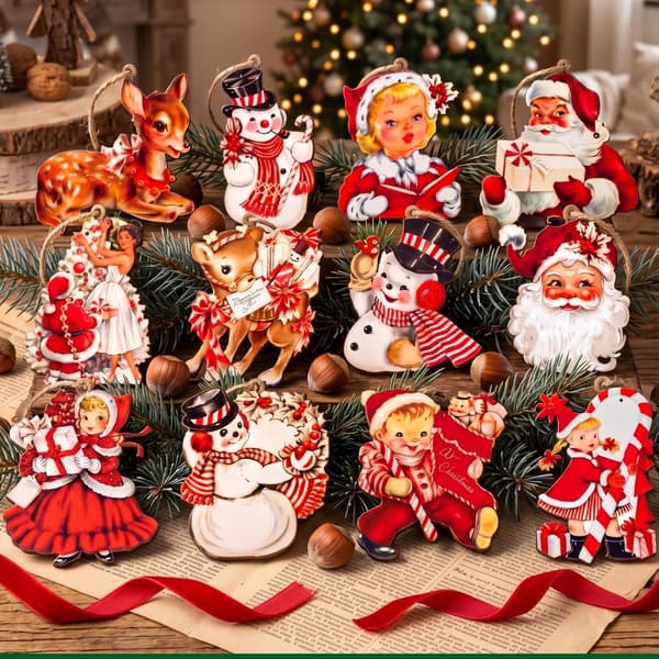 36 st vintage julgransprydnader, klassiska, röd vit 36 pcs