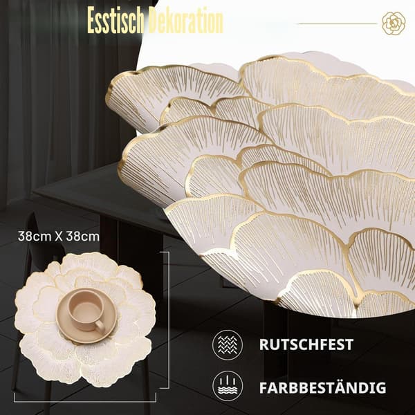 Sæt med 6 guldfarvede blomster PVC runde dækkeservietter, 38 cm 6 pcs