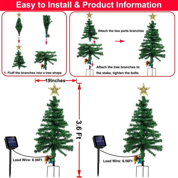 2-pakning 1,1 meter solcelledrevne juletre-dekorasjoner for utendørs bruk, 8 moduser, 100 LED, vanntett 2-Pack 3.6FT Solar