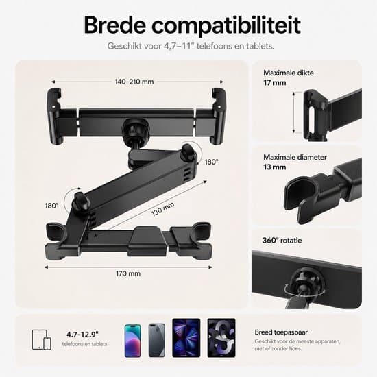 Bil Nakkestøtte Tablet Holder, 360° Rotation, Universal til 4.7-12.9\" Enheder, Sort Sounix Tablet Houder