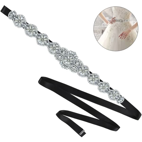 Brude Rhinestone Bælte - Sølv Rhinestone Bælte til Kvinder Formel Aftenkjole, One Size, Sort