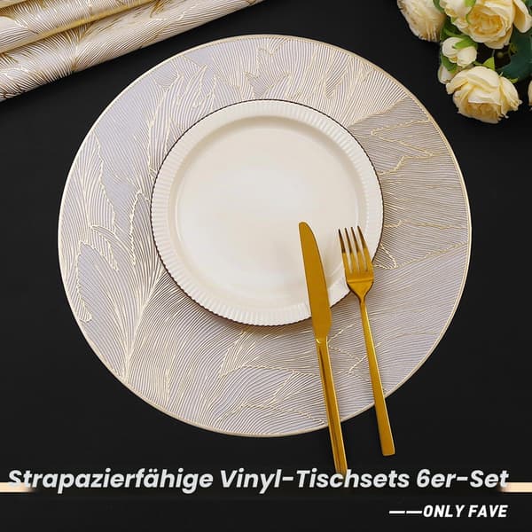 Sett med 6 gullfjær PVC runde spisebrikker, 38 cm 6 pcs