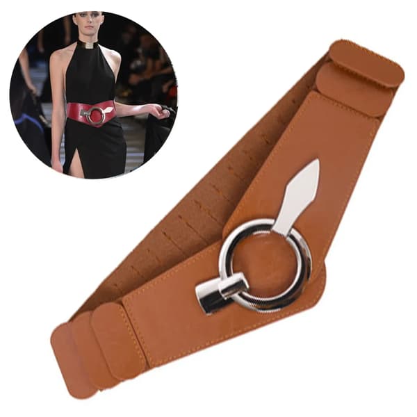 Dame retro bredt belte elastisk stretch metallspenne 77cm midje 70-100cm brun Brown