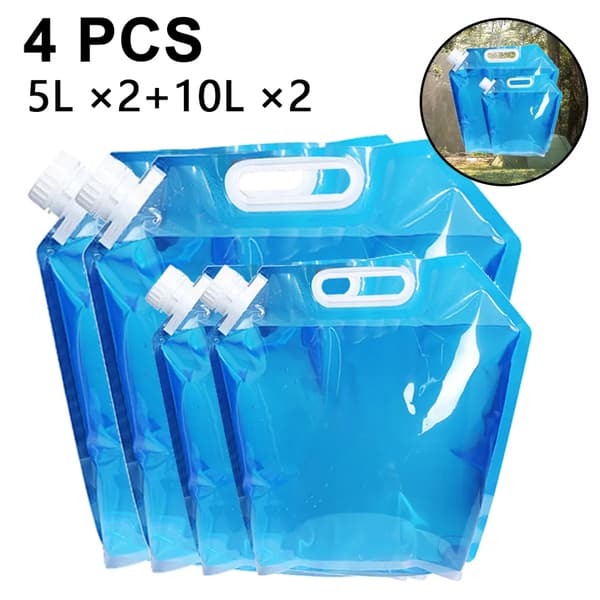 Hopfällbara vattenpåsar 4-pack 2x5L+2x10L Blå TPU för camping picknick vattenförvaring