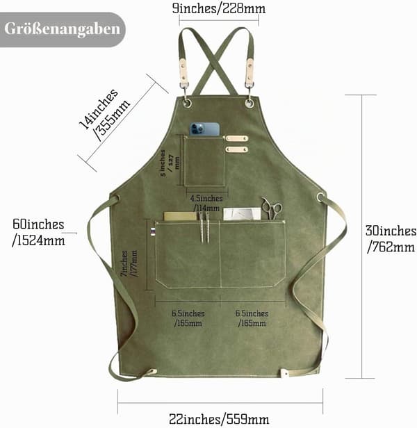 Grønt denim langt forklæde til mænd og kvinder, 3 lommer, krydsrygstrop Canvas Apron Men