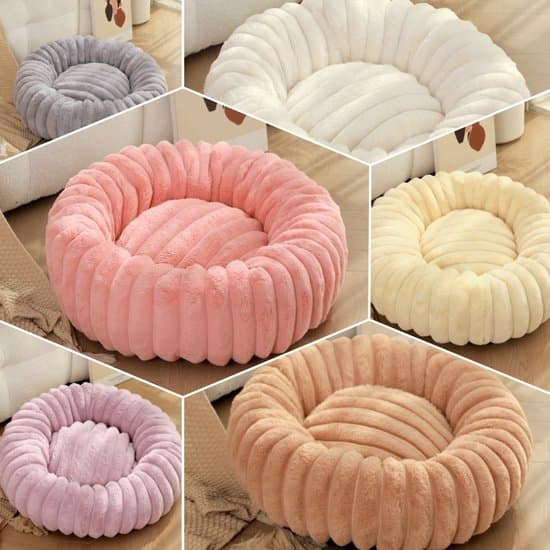 Luksuriøs Fluffy Donut Hundeseng, 50cm, Gresskarstil, Kremhvit, for Katter og Små Hunder