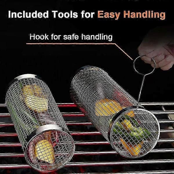 2-pakke 304 rustfritt stål rullende grillkurver med avtakbare trehåndtak for BBQ 2-pack Rolling Grill