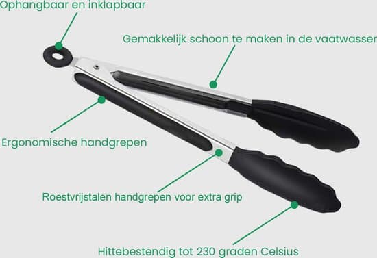 3-pak køkkentænger, 18/23/30 cm, varmebestandig op til 230°C, sølv og sort, grillserveringstænger