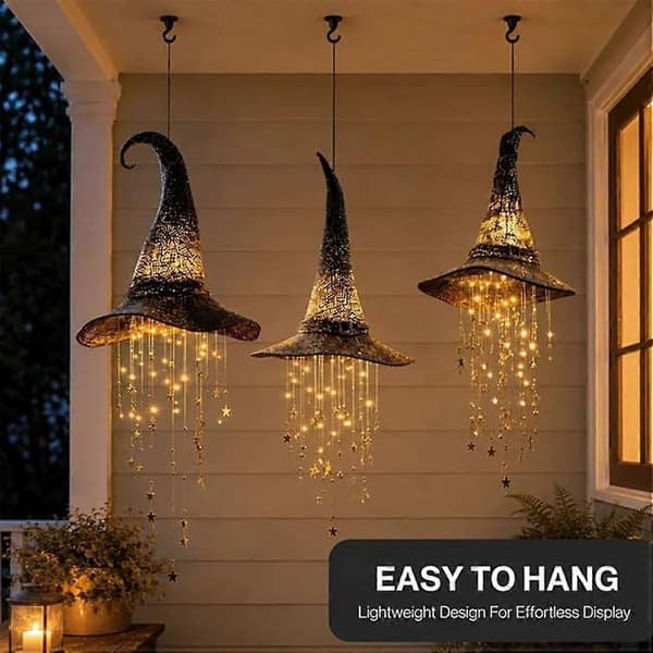 Lysende Halloween Heksehatt Hengende Dekor med Stjerne Dusk LED-lys Light Up Halloween