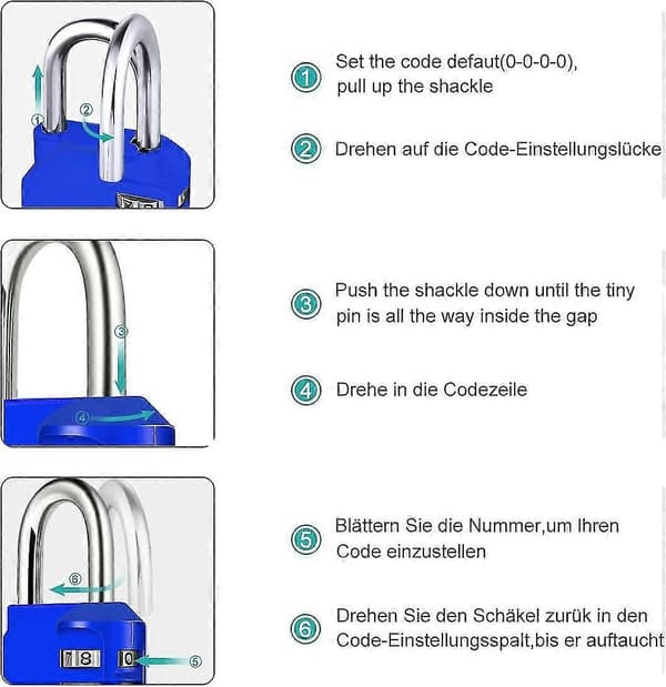 2-pakning 4-sifrede kombinasjonshengelåser, kongeblå, 43×49,5 mm, 6,3 mm bøyle 2-pack 4-digit Combination