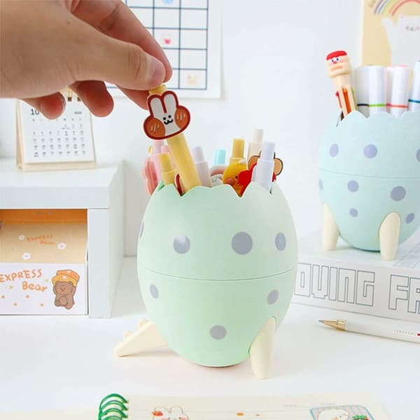 Grøn dinosauræg skrivebords penneholder 13x6cm plastik multi-organizer stor kapacitet 1 stk