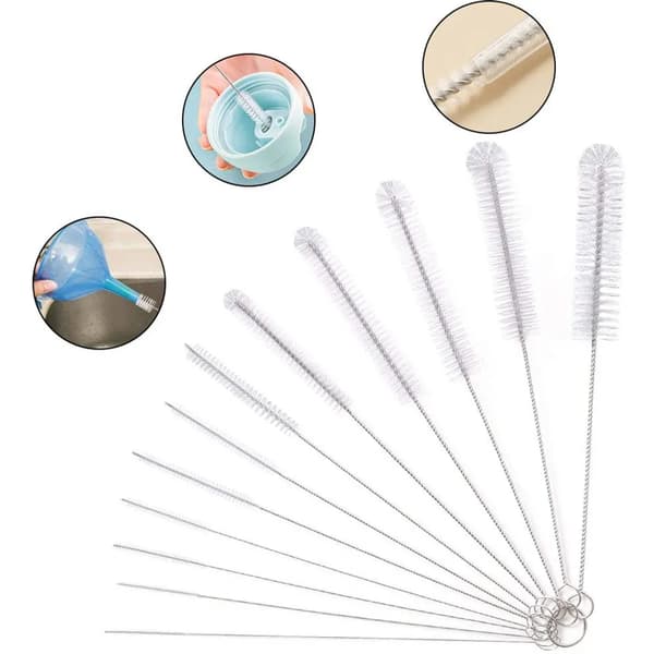 12 stk sugerørrengjøringsbørster ~24 cm rustfritt stål nylon flere størrelser flaskerør