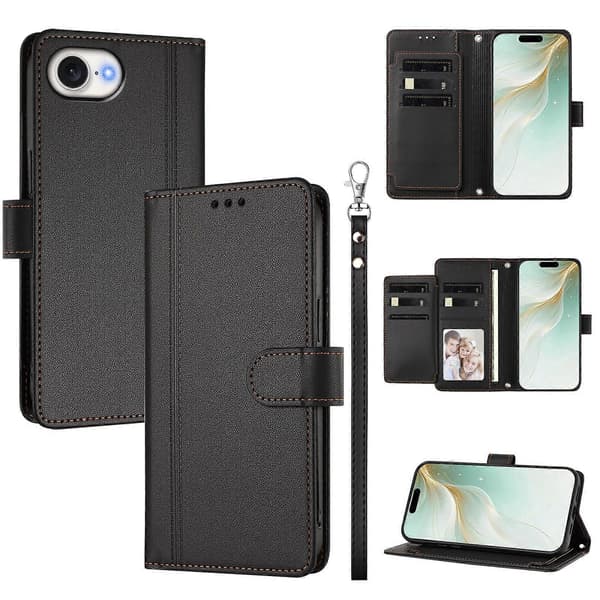 Plånboksfodral kompatibelt med iPhone 16e / 17e, 9 kortplatser, PU-läder, vikbart stativ, 16 cm rem Compatible For iPhone