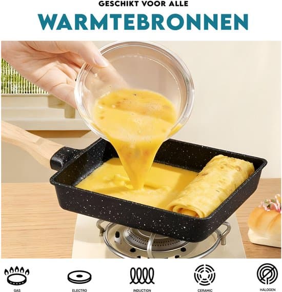 Tamagoyaki-panna, rektangulär non-stick omelettpanna, kompatibel med alla spishällar, spatel ingår