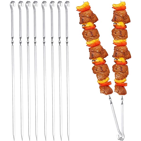 10 stk. grillspyd i rustfrit stål, 37 cm flade lange pinde til bålgrill