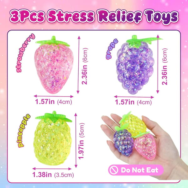 3 stk. Frugt Squishy Stressbolde Glitter Ananas Jordbær Vindruer Sensorisk Fidget Legetøj 3 pcs