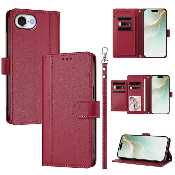 Plånboksfodral kompatibelt med iPhone 16e / 17e, 9 kortplatser, PU-läder, vikbart stativ, 16 cm rem Compatible For iPhone