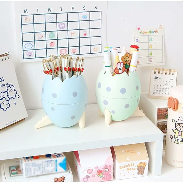 Grøn dinosauræg skrivebords penneholder 13x6cm plastik multi-organizer stor kapacitet 1 stk