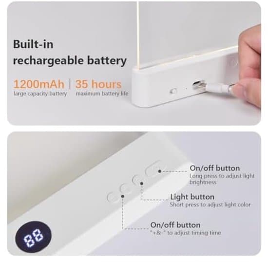Flat boklys, LED leselampe for seng, øyebeskyttelse, dimming og timer, hvit Platte boeklamp, bedboek