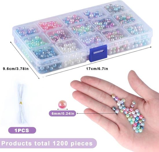 1200 plastikperleperler, 6 mm, blandede farver, med elastiksnor, til armbånd DIY