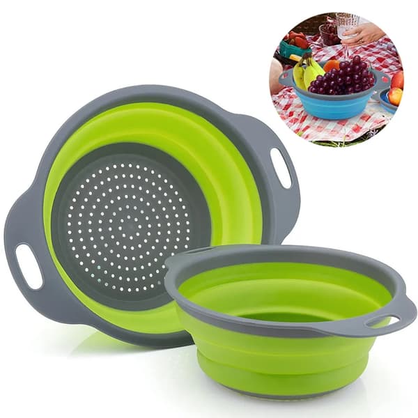 Sammenleggbare silikonsiler 2-pakning for frukt, grønnsaker, pasta, kjøkken, camping, grønn