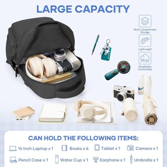 Sort Skolerygsæk, 25L, 14-tommer Laptop, Multi-Lomme