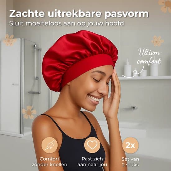 2-pakning rød sateng sovehette, justerbar, unisex, hårbeskyttelse