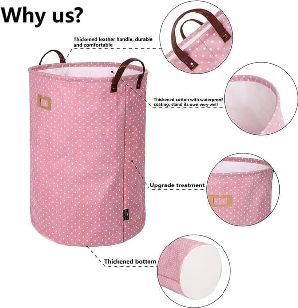 Vikbar rund tvättkorg 1-pack rosa bomullslinne 35x45 cm leksaker kläder sängkläder