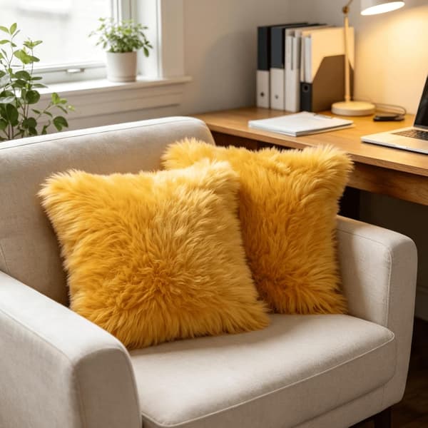 2 stk. gule 45 x 45 cm plysset pyntepudebetræk i imiteret pels 2 pcs