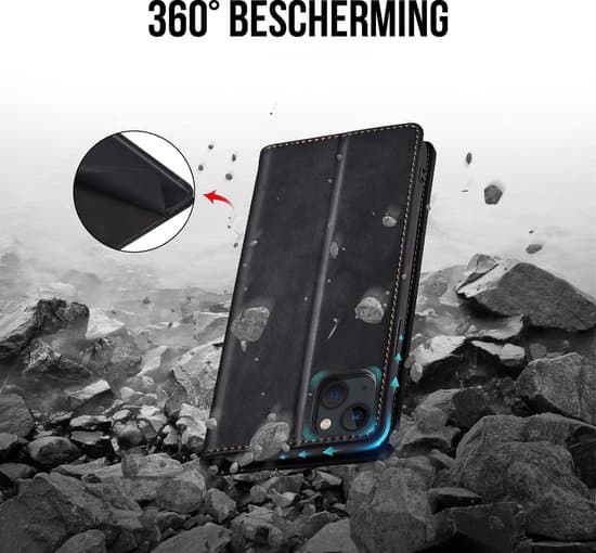 Svart plånboksfodral, kompatibelt med iPhone 13 Mini, med skärmskydd