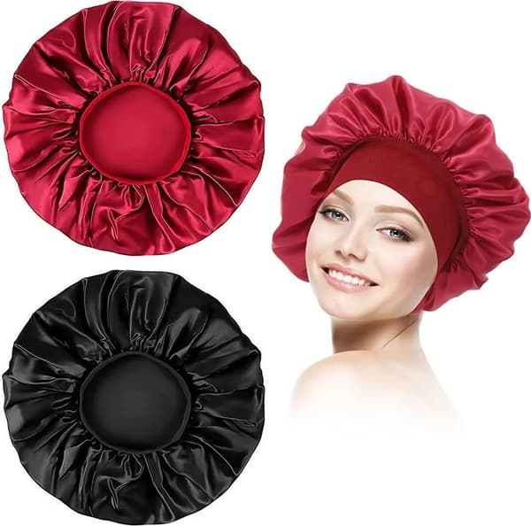 2 Satin Sovehætte Dame Nat Sovehætte Justerbar Hovedbeklædning Blød Hårhætte Silke Elastisk Hårbeskyttelseshætte Sort Rød
