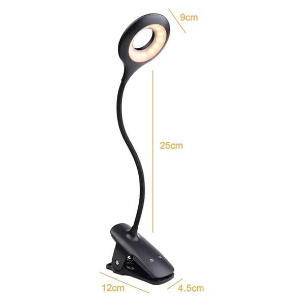 LED Clip Læselampe 1 Svanehals Genopladelig Touch Dæmp Sort Seng Skrivebord Amning