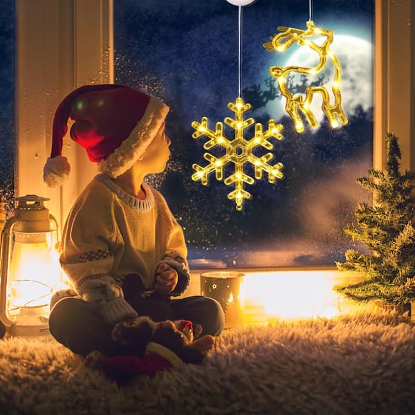 Julbelysning för inomhusfönster, 2-pack, 10 lysdioder, varmvit, batteridriven, timer (snöflinga och älg) Pack of 2