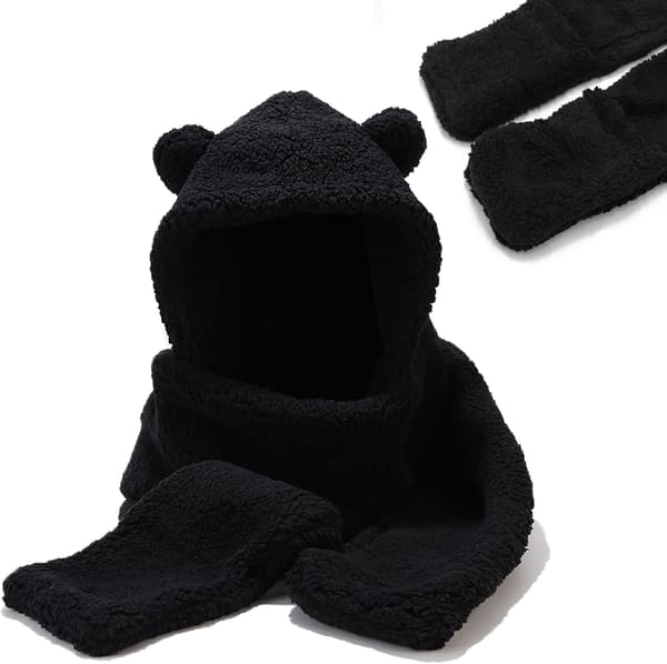 Vinter Bjørneøre Sherpa Hette Lue Skjerf Hansker 3 i 1 Hetteskjerf for Kvinner Winter Bear Ear