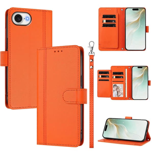 Plånboksfodral kompatibelt med iPhone 16e / 17e, 9 kortplatser, PU-läder, vikbart stativ, 16 cm rem Compatible For iPhone