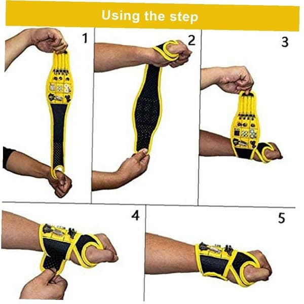 Magnetiskt handledsband verktygshållare 9 magneter skruvar bits förvaring andningsbar polyester gul