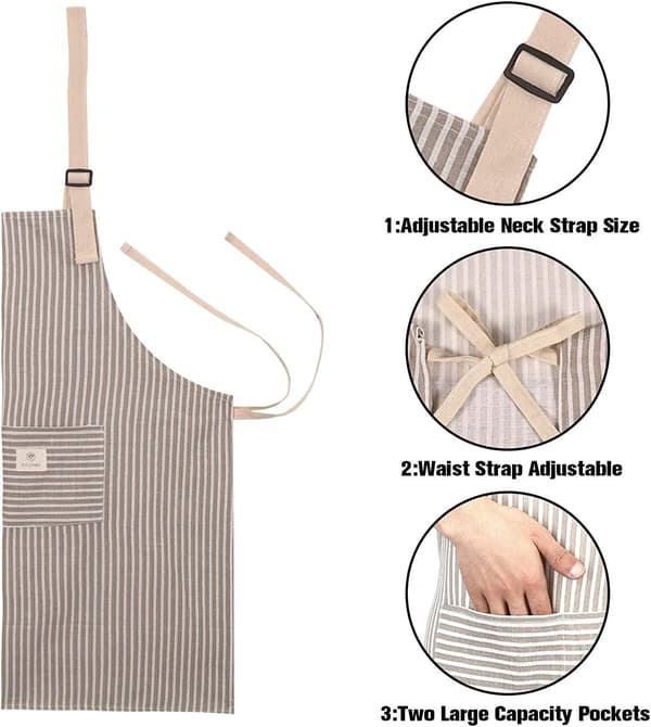 3-pack beiga förkläden i bomullslinne, justerbara med fickor Pack of 3