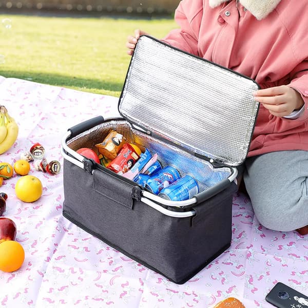 Sammenleggbar handlekurv 1 stk grå aluminiumshåndtak 42x23x23cm piknikoppbevaring