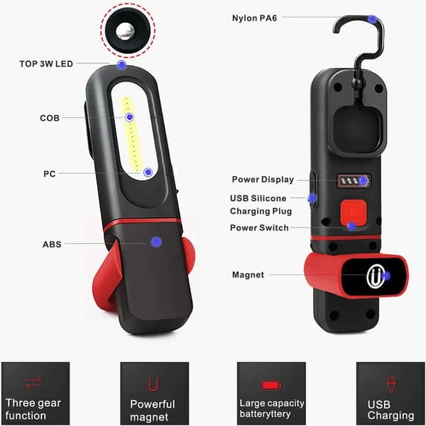 Genopladelig LED-arbejdslampe Magnetisk krog 3 tilstande Vandtæt USB-opladning 7 timer