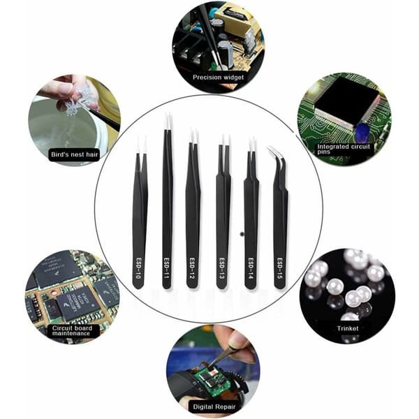 6 st ESD precisionspincettset antistatisk belagd rostfri för elektronik PCB