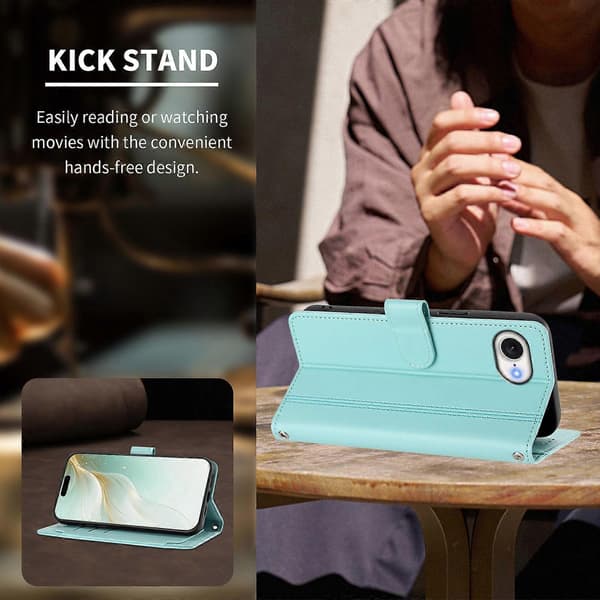 Pung etui kompatibel med iPhone 16e / 17e, 9 kortpladser, PU læder, flip stander, 16 cm rem Compatible For iPhone