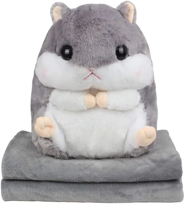 2-i-1 Buttet Hamster Plys Pude med Tæppe Ca. 40x30cm Grå PP Bomuld Blød Sofa Lur Pude Dyne