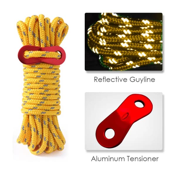 Reflekterende teltbarduner 6-pakning gul 4 mm nylon med aluminiumsstrammere