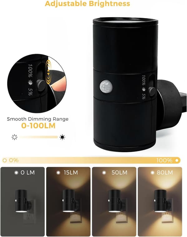 Trinløs dæmpbar vægstik-natlampe med autosensor, 3 farve-/RGB-tilstande og justerbar lysstyrke (sort) Stepless Dimmable Wall